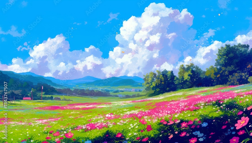 Fototapeta premium Vibrant Spring Meadow with Colorful Flowers under Blue Sky and Fluffy Clouds in Scenic Landscape of Rolling Hills and Lush Greenery