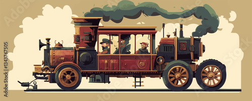 Vintage steam engine illustration with diverse characters riding