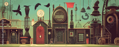 Steampunk fantasy architecture with ravens and bells in a surrea