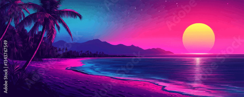 Vibrant neon sunset over tropical beach with colorful sky and pa