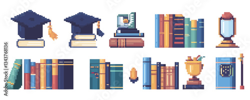 Pixel art books and graduation caps with academic themes in vibr