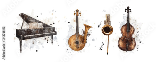 Watercolor instruments: piano, banjo, saxophone, cello art
