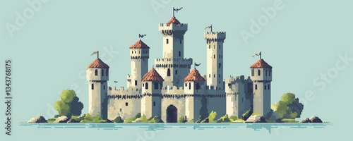 Medieval stone castle with towers and turrets by the water