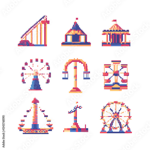 Nine colorful pixel art amusement park rides in retro style