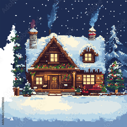 Charming snowy cabin in winter wonderland with pixel art design
