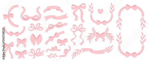 Vintage Coquette Pink Ribbon Bow and Frame Border with Plants Set. Romantic Girly Vibe. Vector illustration. Isolated Cute Trendy Aesthetic Elements for designs, invitations, cards and decoration