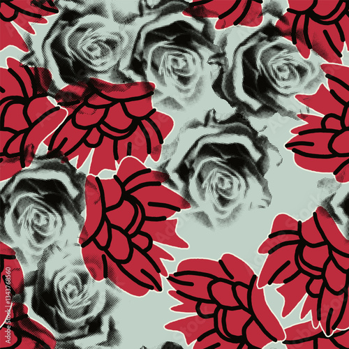 Floral seamless pattern with peonies and roses. Flowers. Vector background, design, print. Vintage halftone, mixed media