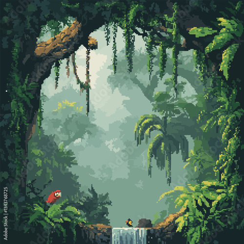 Pixel art jungle scene with parrot and waterfall in lush greener