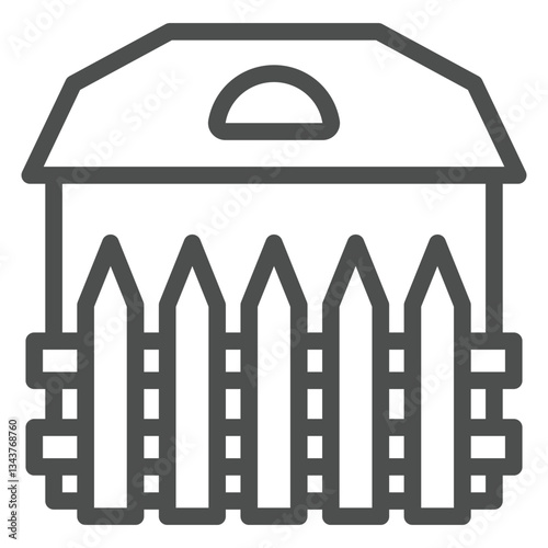 House with wooden fence line icon, housing market concept. Vector graphics. Cottage building protection sign on white background, outline style icon for mobile or web design.