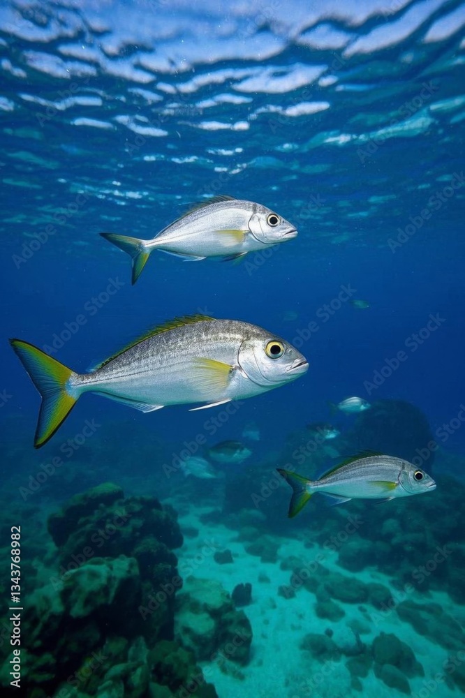 Naklejka premium three fish swimming in the ocean near a coral reef
