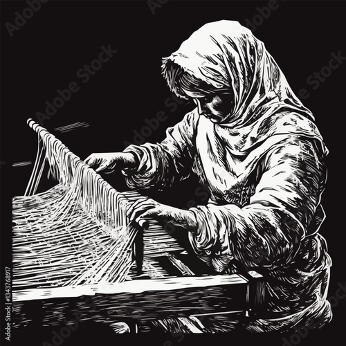 Elderly caucasian female weaver creating fabric on traditional l