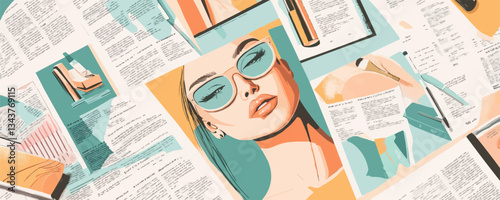 Stylish caucasian female in sunglasses amid magazines fashion il