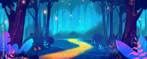 Enchanted forest pathway with glowing lights and vibrant foliage