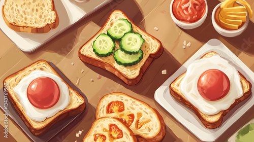 A delectable toasted sandwich featuring tomato and egg piled high on a kitchen counter with warm lighting for a mouthwatering appeal.