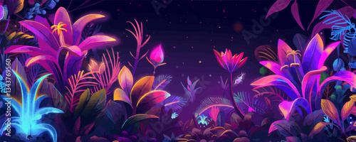 Vibrant neon jungle with luminous night sky and colorful exotic