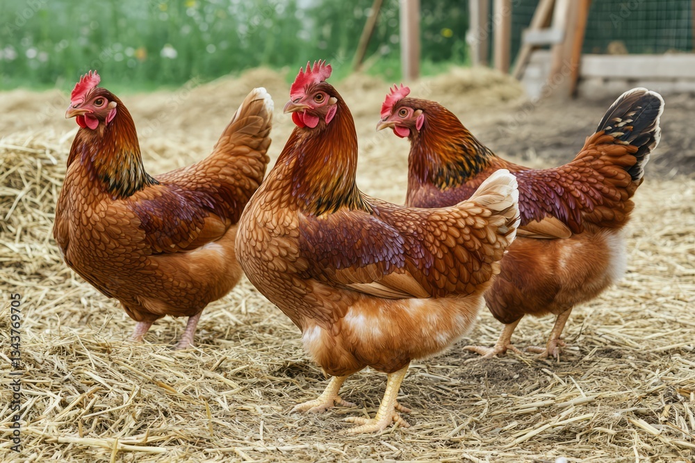 Fototapeta premium Chickens on a chicken farm grazing outdoors, domestic animal husbandry concept 