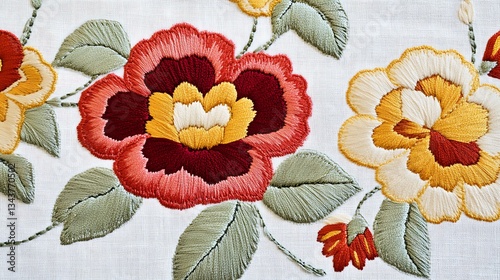 A decorative embroidered floral cover with a retro-inspired design, featuring large red, yellow, and orange flowers on white linen fabric