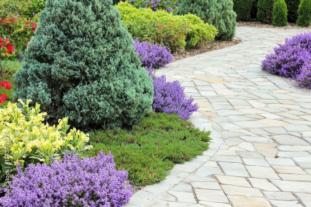 Obraz premium Front Yard Garden with Shrubs and Pathway: A well-maintained front yard garden with flowering shrubs, a flagstone pathway, and seasonal flowers