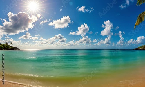  A stunning tropical beach with clear turquoise water, golden sand, and a bright sunny sky, perfect for showcasing exotic vacation destinations.