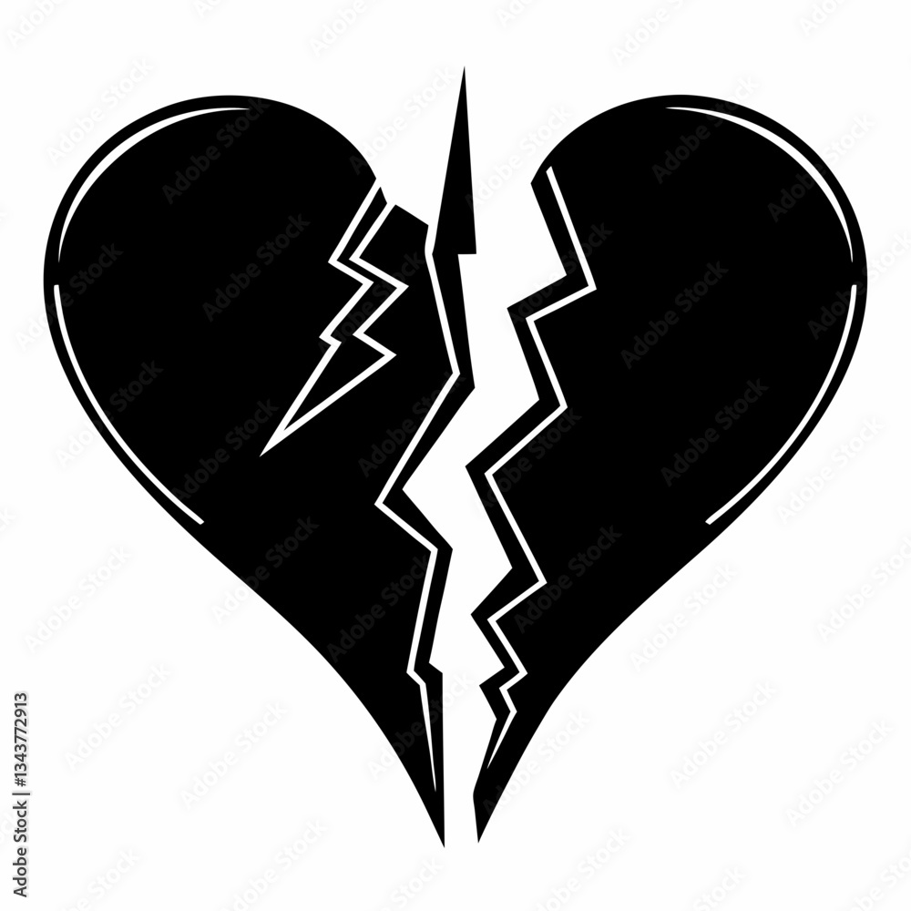 Vector symbol of broken heart with lightning, minimalistic style, strong emotional presentation, black and white