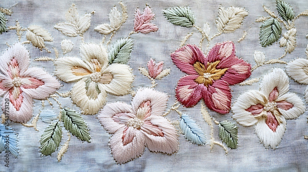 A detailed embroidered flower pattern, showcasing delicate floral motifs on a textured fabric background A detailed embroidered flower pattern, showcasing delicate floral motifs on a textured fabric background