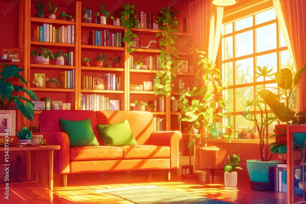 Fototapeta premium Cozy reading nook with vibrant plants and sunlight streaming through a window, featuring a bright orange sofa and lush greenery in a warm decor setting