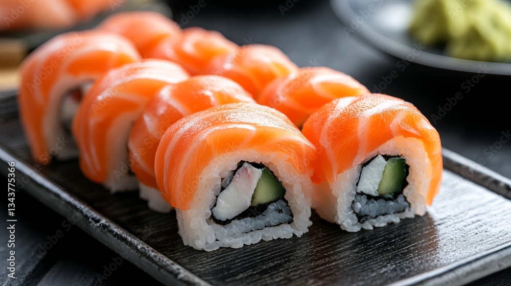 A beautifully plated serving of salmon sushi, each piece looking irresistibly delicious A beautifully plated serving of salmon sushi, each piece looking irresistibly delicious
