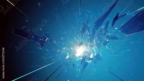 Dynamic Explosion of Blue Shattered Glass Reflecting Light and Enveloping Space with Energy and Movement in a Digital Abstract Background