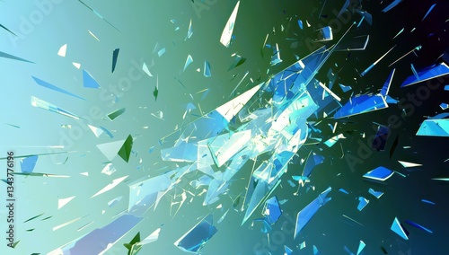 Dramatic Shattered Glass Fragmentation with Cool Tone Colors and Abstract Shapes, Dynamic Surface Texture Illustrating Energy and Movement