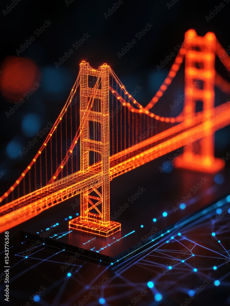 Obraz premium A glowing, holographic representation of a suspension bridge, set against a dark background with glowing nodes and lines, suggesting a digital or futuristic theme.