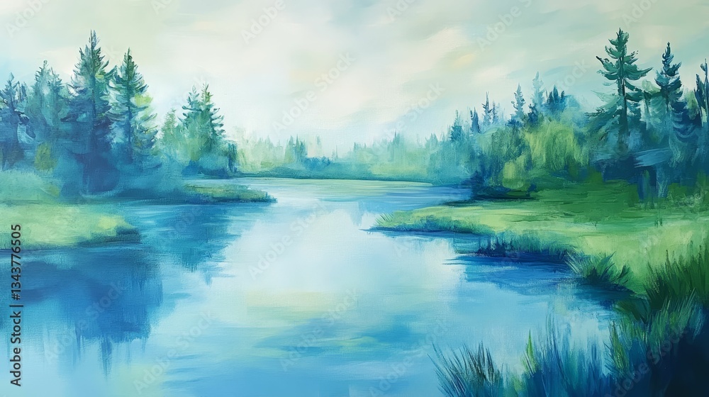 Obraz premium Serene river flows through peaceful painted forest.