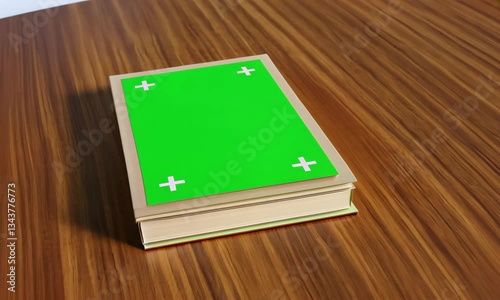 Closed Book on Wooden Table with Green Screen Cover

