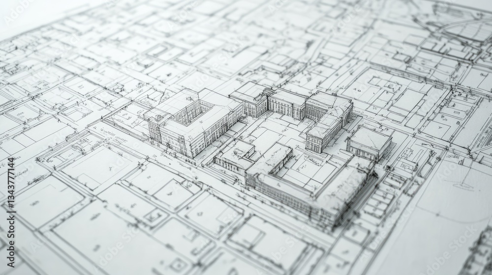 Detailed architectural blueprint showcasing a city layout with buildings, streets, and surrounding areas Detailed architectural blueprint showcasing a city layout with buildings, streets, and surrounding areas