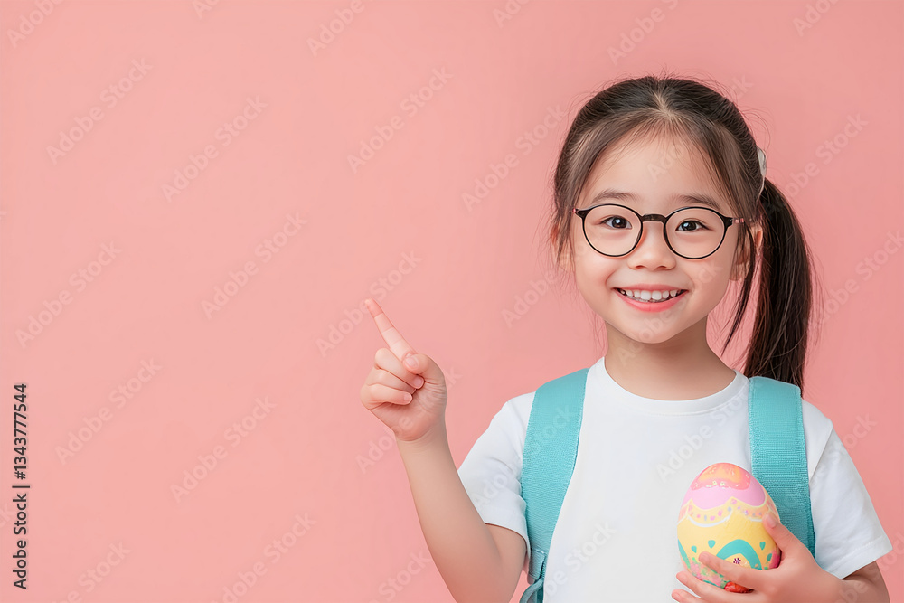 A 10-year-old Asian girl with glasses, a white t-shirt, and a backpack smiles at the camera. She holds a decorated Easter egg and points to an empty space on a light pastel pink background. A 10-year-old Asian girl with glasses, a white t-shirt, and a backpack smiles at the camera. She holds a decorated Easter egg and points to an empty space on a light pastel pink background.