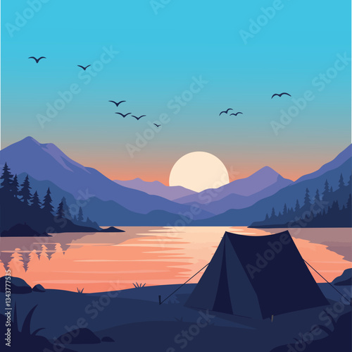 Camping under the Sunset A Serene Landscape with Tent, Mountains, and Birds with mountains in the background.