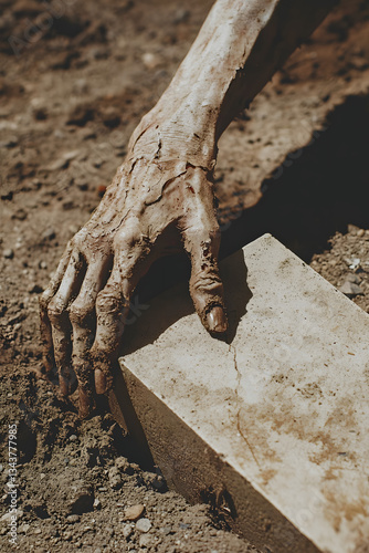 ghoulish hand with peeling skin clutching weathered tombstone while emerging from ground