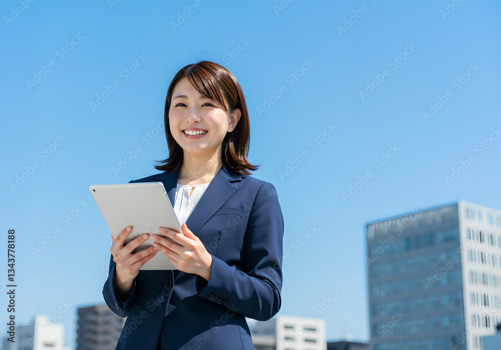 Smiling businesswoman with blue sky and city in the background, AI generated Smiling businesswoman with blue sky and city in the background, AI generated