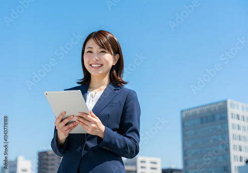 Smiling businesswoman with blue sky and city in the background, AI generated