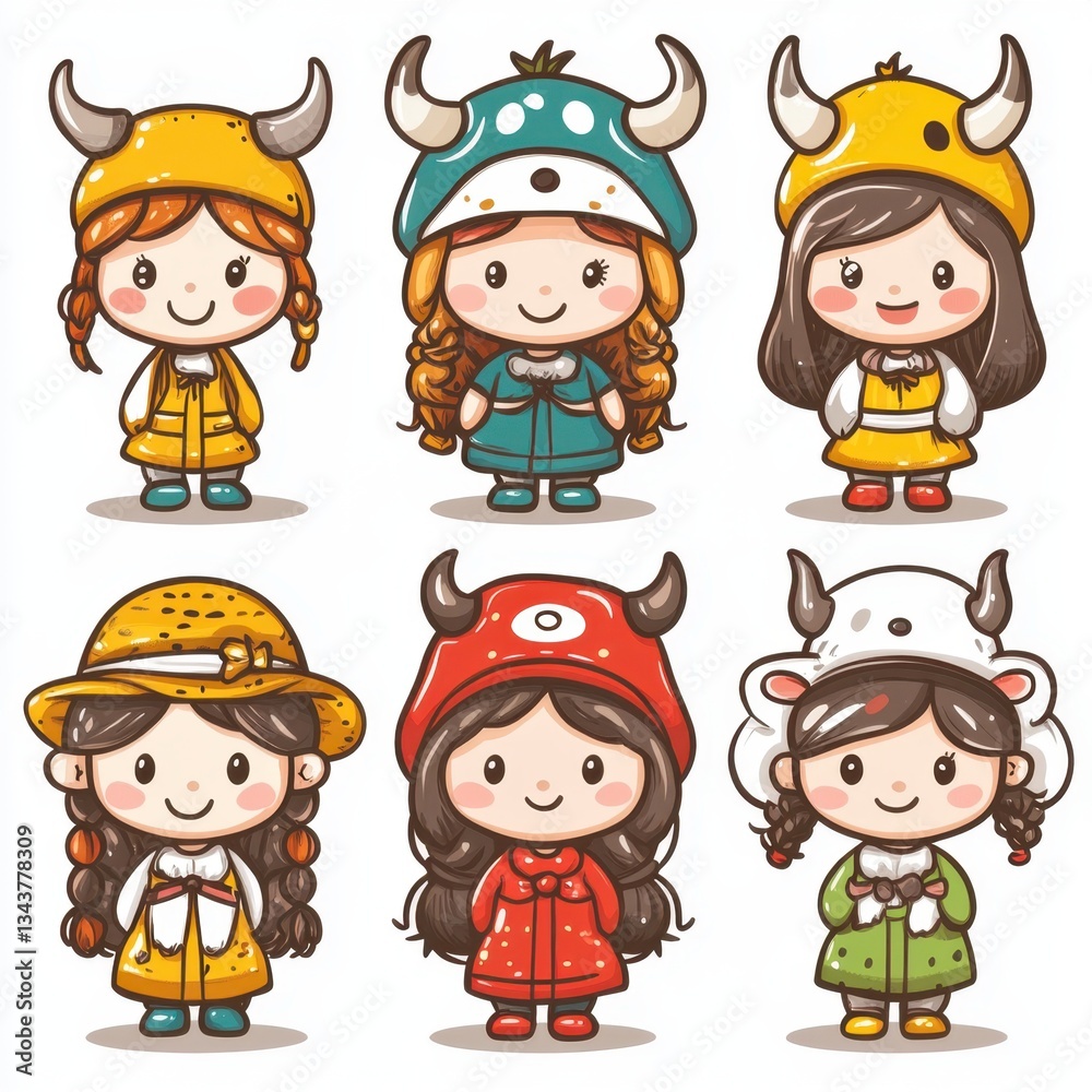 six Icons about girls smiling face image in cute Cattle Breeders costume six Icons about girls smiling face image in cute Cattle Breeders costume