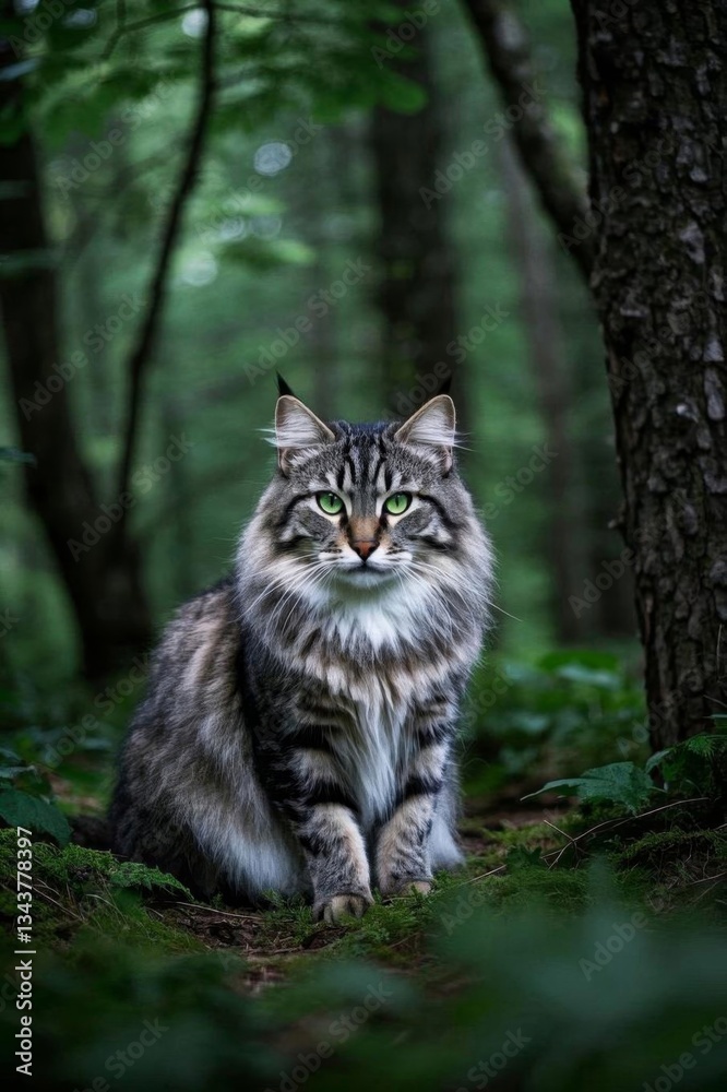there is a cat sitting in the woods looking at the camera there is a cat sitting in the woods looking at the camera