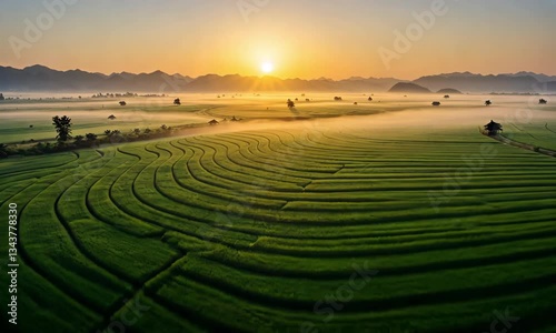 Sunrise over Lush Green Terraced Fields