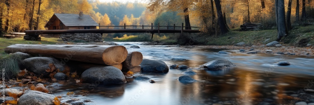Fototapeta premium Autumn Creek with Wooden Bridge and Cabin