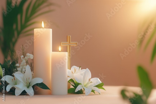 A memorial photograph featuring white lilies and candles, with a cross symbolizing remembrance and respect. A perfect image for topics related to remembrance, grief, and spiritual reflection. photo