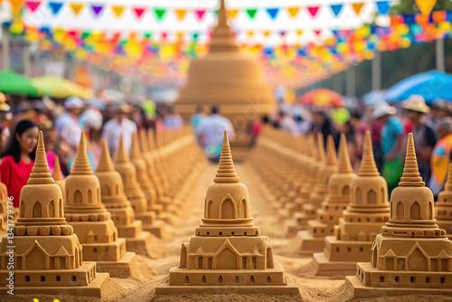 Elaborate sand pagoda displays, vibrant festival atmosphere