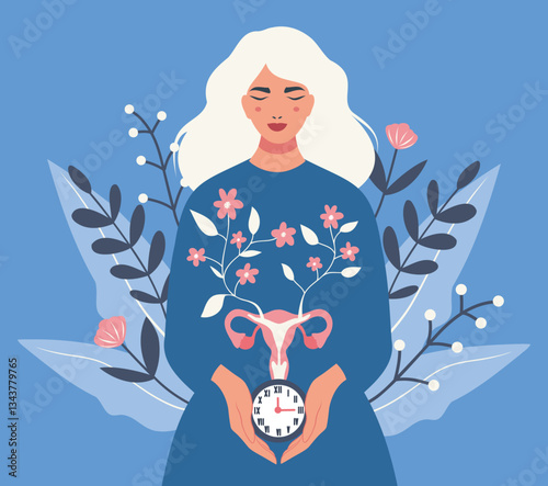 International Women's Health Day. Vector illustration of uterus on background of woman with clock, sky, flowers, symbol of care and health. Menopause, menstrual cycle, ovulation, gynecology