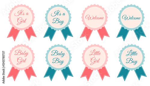 Set of festive medals for newborn boys and girls. Vector illustration. Pink and blue colors