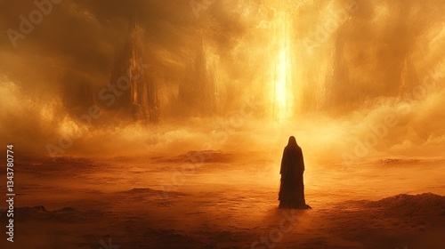 Ancient priest in mystical desert landscape, surreal spiritual aura surrounding them 