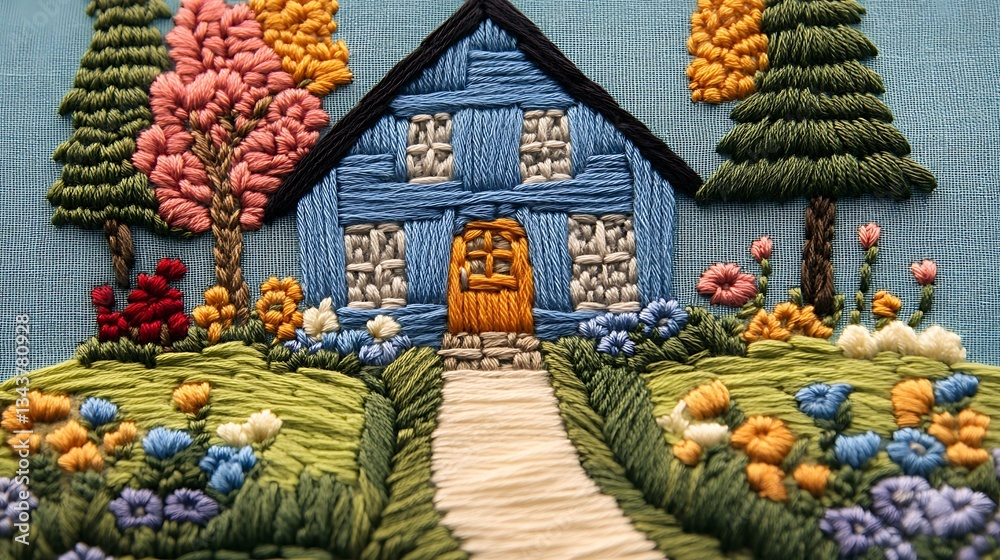 Fototapeta premium A highly detailed embroidery hoop art featuring a cozy cottage scene with flowers and trees, stitched in vibrant colors