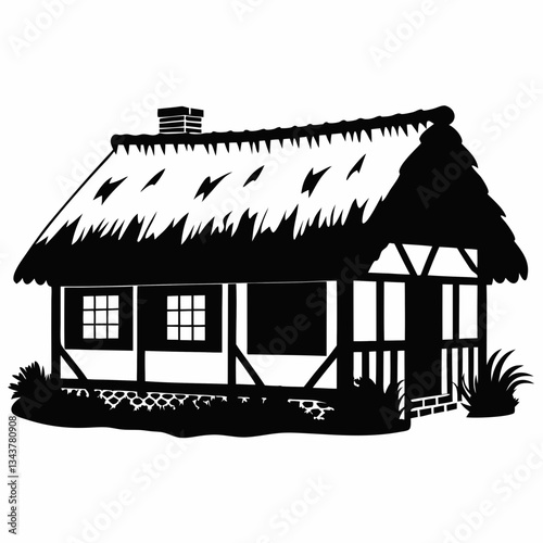 Traditional private house, black and white silhouette, rustic design, outdoor living concept