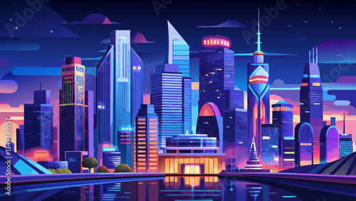 Beautiful city skyline at night with bright city lights, showcasing a vibrant metropolis and busy streets below